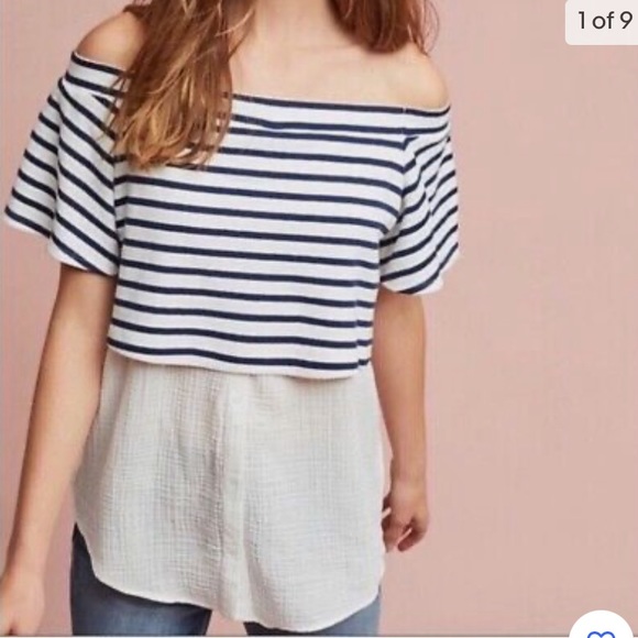 Anthropologie Tops - Anthropologie postmark blue striped off the shoulder shirt